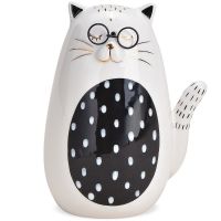 Katze mit Brille Katzenfigur Design Keramikkatze Keramik weiß schwarz 1 Stk 12 cm