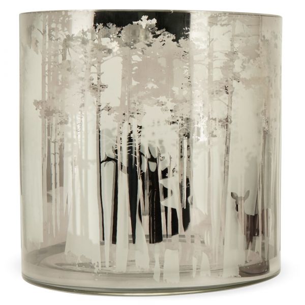 Schönes Windlicht Motiv dichter Wald & Rehe aus Glas milchig klar Ø 7x8 cm
