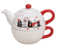 Teekannen & Tassen Weihnachtskatzen bunt Keramik 2er Set 17x15x12 cm 400 ml