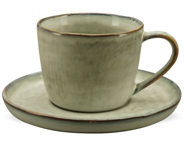 Kaffeetasse mit Unterteller Landhausstil Steingut grau & Rand 1 Stk Ø 8 cm