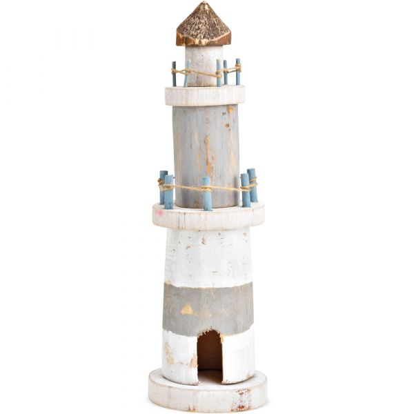Leuchtturm Holzdeko mit Reling im Shabbylook maritim grau weiß 1 Stk Ø 9x35 cm
