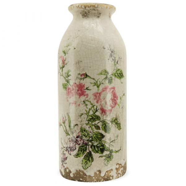 Vase Blumenvase in Antik-Optik mit Rosen Motiv Stoneware beige Ø 8x16 cm
