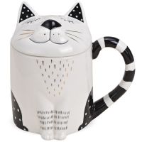 Katze Tasse Becher Kaffeetasse Teetasse mit Deckel Keramik weiß 1 Stk 10x14 cm