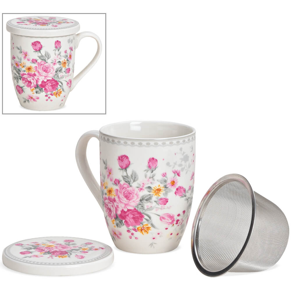 Malve Tee-Tasse Teebecher Set mit Sieb und Deckel Porzellan Kräuter-Teetasse Geschenk-Tasse Cup with porcelain infuser 300 ml von DUO in Geschenkbox