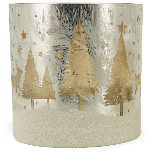 Hübsches Windlicht Motiv Weihnachtswald aus Glas milchig klar Ø 7x8 cm