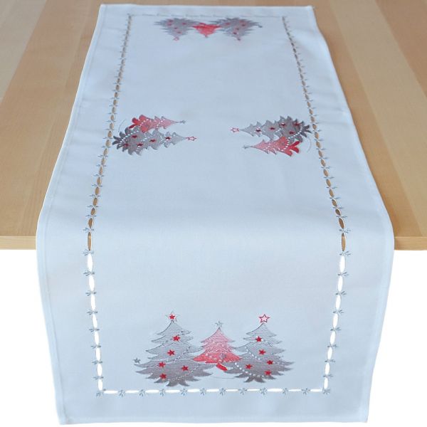 Tischläufer Mitteldecke Weihnachten Stick Tannenbäume rot silber 40x85 cm weiß