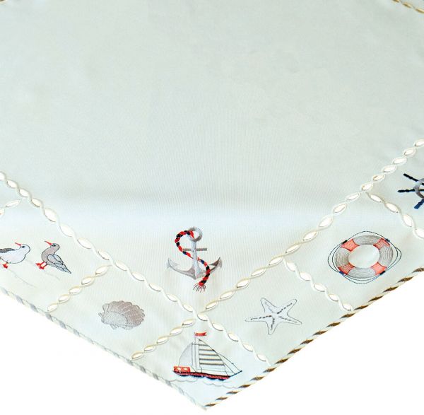 Tischdecke Mitteldeckemaritime Motive wollweiß Stick bunt Tischwäsche 85x85 cm