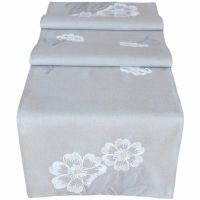 Tischläufer Tischwäsche Mitteldecke hellgrau Blüten & Blätter weiß gestickt 40x140 cm