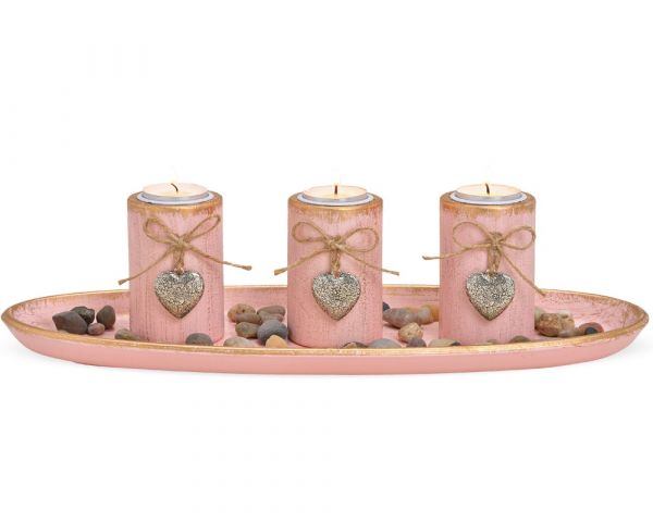 Windlichter auf Tablett mit Herzanhänger Geschenkset mit Dekosteinen rosa 4-tlg