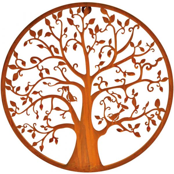 Dekohänger Baum mit Vögelchen rund Rostoptik Wanddeko Metall braun 1 Stk Ø 38 cm