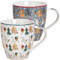 Jumbo Tasse Weihnachtstasse Bäume & Eicheln weiß & grau 1 Stk *B-WARE* Porzellan