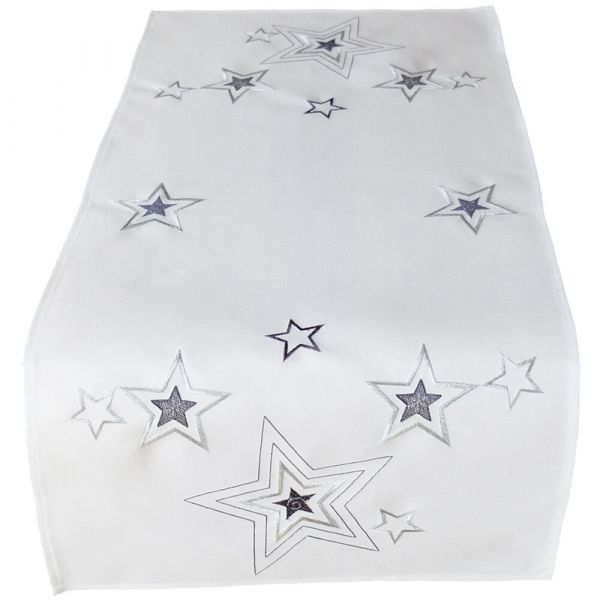 Tischläufer Mitteldecke weiß Weihnachten Sterne Stick silber & grau 40x85 cm