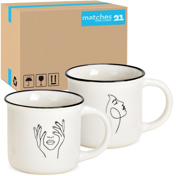 Kaffeebecher Emailoptik Gesichter minimalistisch Tassen Keramik 36 Stk sort 8 cm