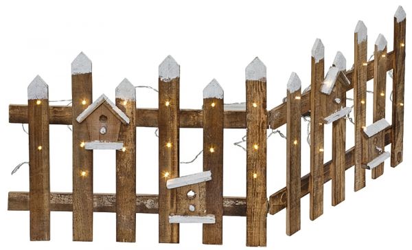 LED-Dekozaun Holz Glitzerschnee Vogelhäuschen schwenkbar Zuleitung 100x10 cm