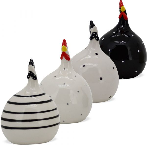 Hühner Dekofiguren 4 Stk. Osterdeko Keramik schwarz / weiß je 7 cm