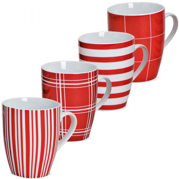 Kaffeetasse Tasse rot weiße Streifen & Karo Designs Porzellan 1 Stk B-WARE 10 cm
