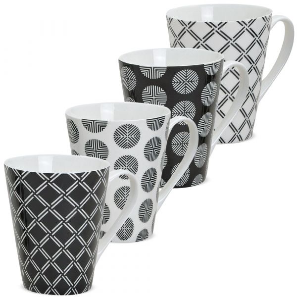 Kaffeetassen Tassen Retro-Design Muster schwarz weiß Keramik 4er Set sort 10 cm
