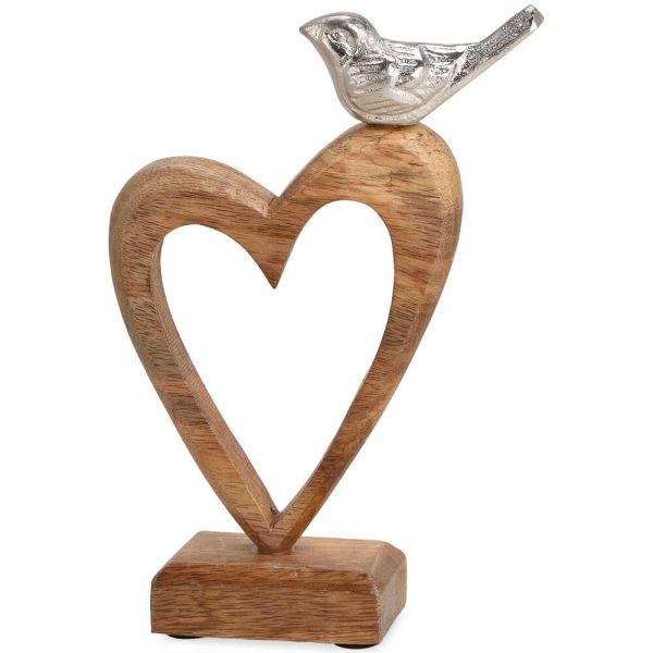 Vogel & Herz Dekofigur aus Mangoholz & Metall Liebe Skulptur silber braun 22 cm