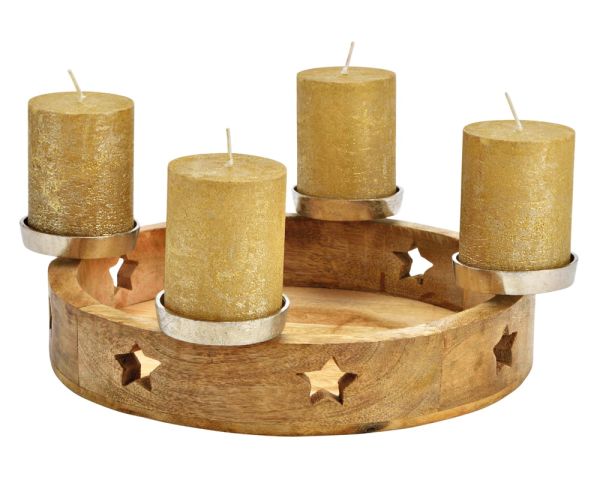 Adventskranz Advent Mangoholz Sternen Kerzenhalter Holz Metall silber Ø 36  cm kaufen