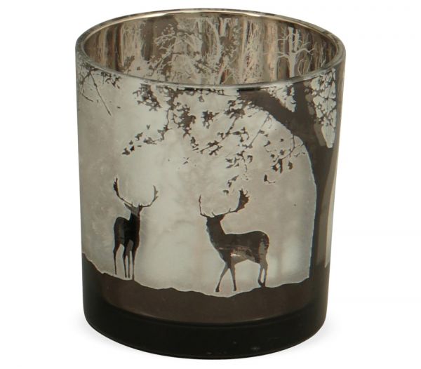 Hübsches Windlicht Motiv Hirsche im Wald aus Glas milchig klar Ø 7x8 cm
