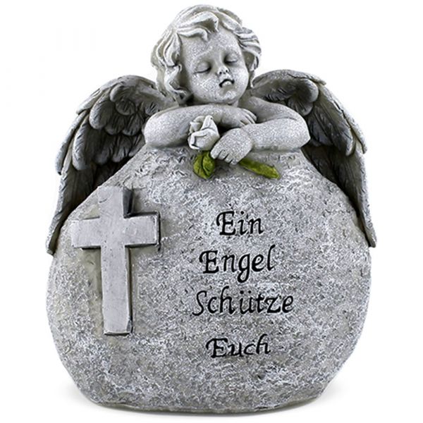 Grabfigur Engel hinter Stein & Spruch Grabschmuck Poly grau 18 cm
