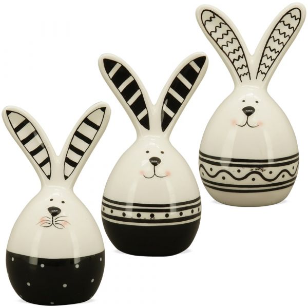 Dekohasen Osterhasen Ostern Keramik Figuren schwarz weiß 12,3 cm 3er Set sort