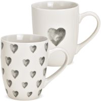 Kaffeebecher Herzdekor Herzchen Kaffeetassen Porzellan weiß grau 2er sort 10 cm