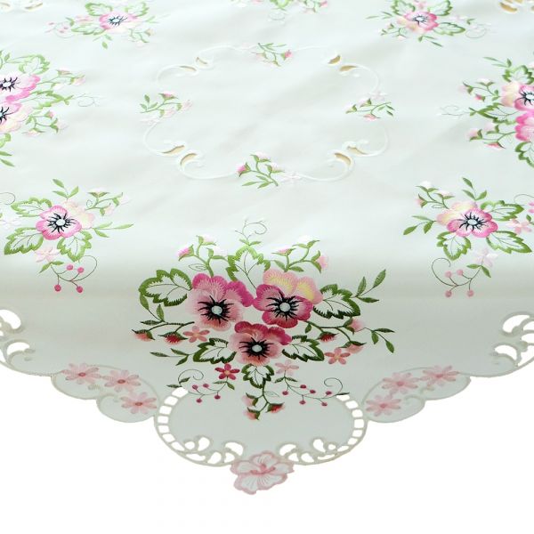 Tischdecke Stiefmütterchen weiß & Stick rosa Polyester 1 Stk 85x85 cm