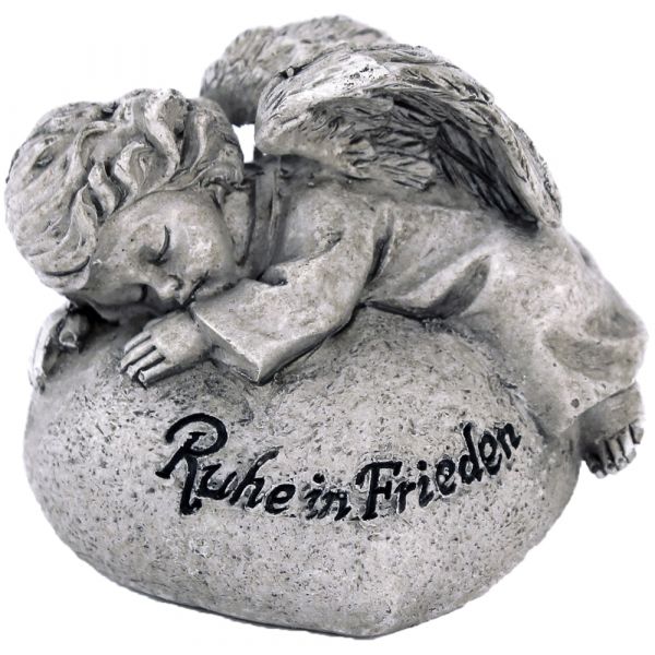Grabfigur Engel auf Stein liegend & Spruch Grabschmuck Poly grau 6 cm