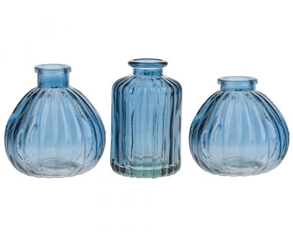Blaue Blumenvasen mit gerillten Oberflächen Glas blau 3er Set Ø 8x8 - 10 cm
