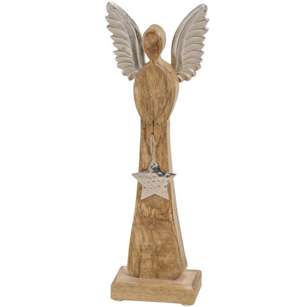 Engel stehend Holz Metall Flügel Stern silber Weihnachtsdeko Holzfigur 12x34 cm