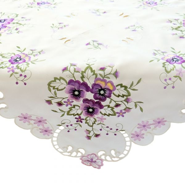 Tischdecke Stiefmütterchen weiß & Stick lila Polyester 1 Stk 85x85 cm