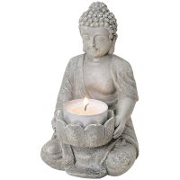 Buddha Figur Deko sitzend Garten Teelichthalter grau 14 cm