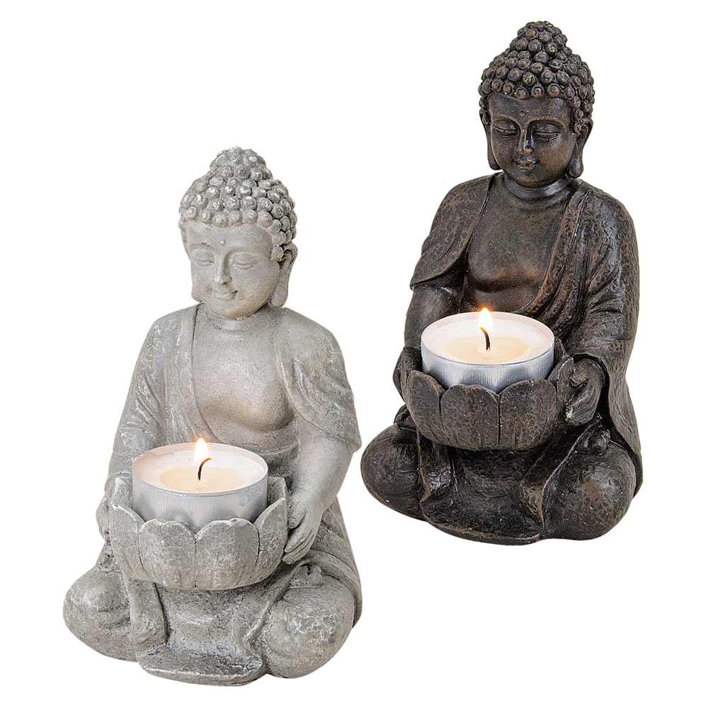 Buddha Figur Deko sitzend Garten Teelichthalter grau 14 cm kaufen