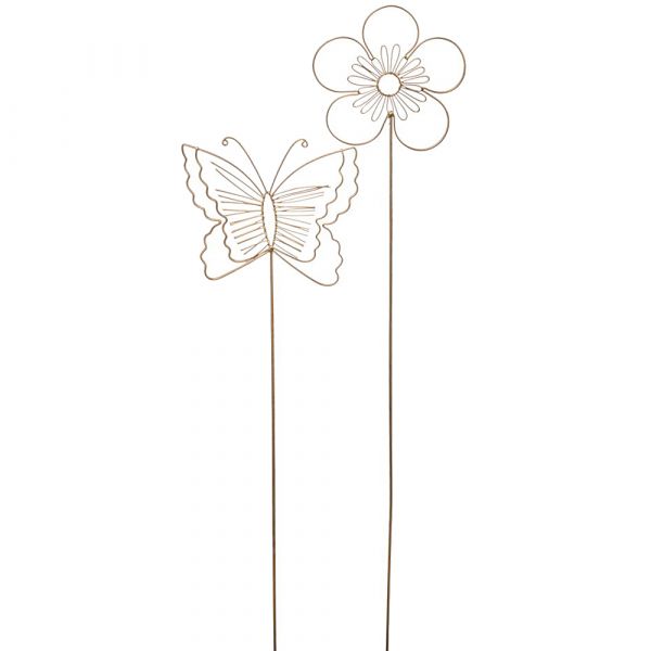 Pflanzenstecker Dekostecker Blume & Schmetterling Metall gold 48 cm 2er Set sort