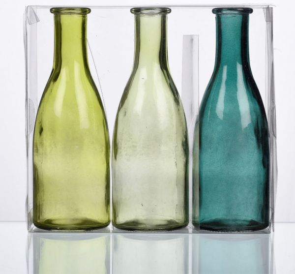 Glasflaschen 3er Set farbig Glas Dekoflaschen 18,5 cm Grüntöne