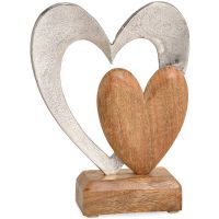 Zwei Herzen Dekofigur Holz & Metall Liebe Skulptur mit Sockel silber braun 21 cm