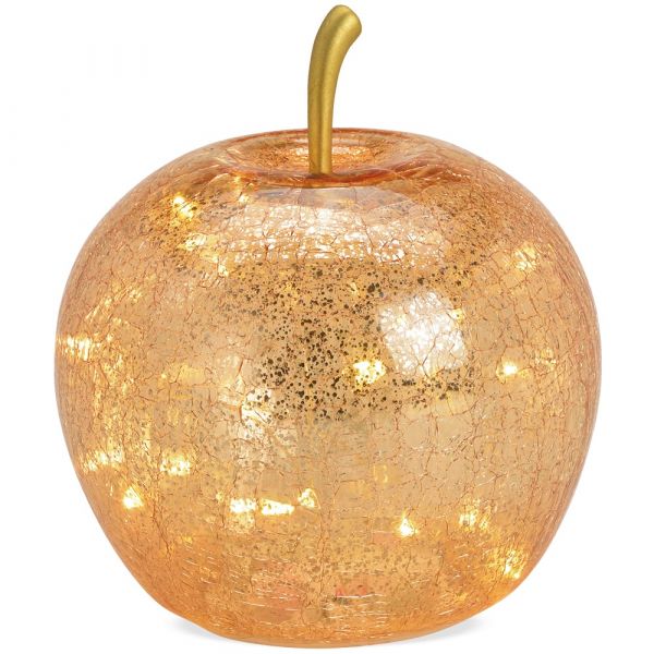 Apfel & 20er LED Licht & Timer Dekoapfel Dekoobst Glas Obst gold 1 Stk Ø 16 cm