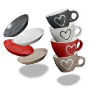 Espressotassen mit Unterteller Herzdekor 4er Set Keramik Je 5 cm / 50 ml