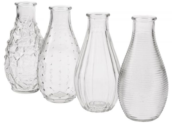 Glasvase Vase in Flaschenform vier Muster Dekovasen 4er Set sort je Ø 7x14 cm