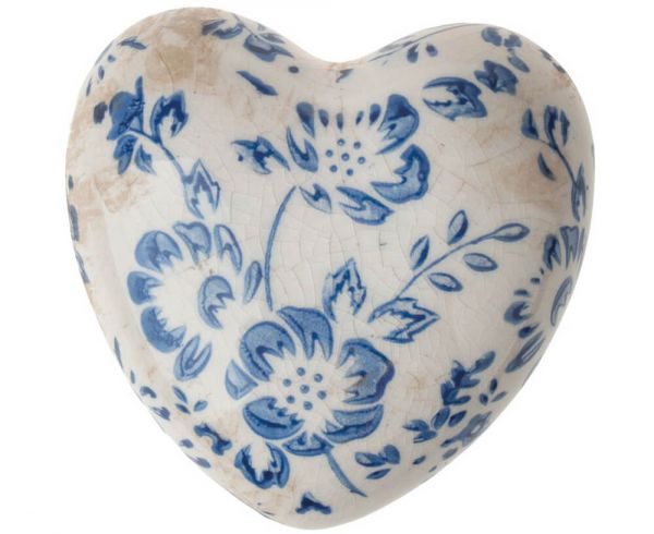 Herz Keramik Deko Vintage Ornamente Schnörkel & Risseffekt 1 Stk blau - 8,5x4 cm