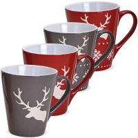 Tasse Kaffeebecher Weihnachten Hirsch rot & grau Steingut 1 Stk **B-WARE** 10 cm