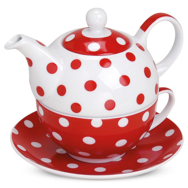 Teekanne mit Tasse Teebecher und Untersetzer Teller Set rot gepunktet 15x14 cm