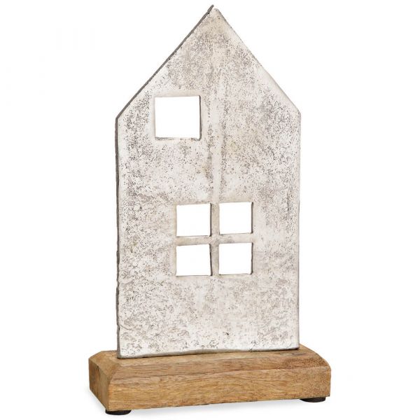 Haus mit Fenstern Aufsteller Metall Holzsockel braun silber 1 Stk 12x22x5 cm