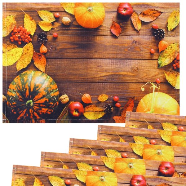 Tischsets Stoff CLOTH waschbar Herbstfrüchte Kürbisse Holzbrett braun orange 6er