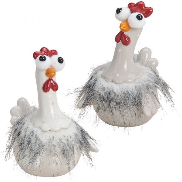 Hühner Keramik Dekofiguren mit Federn Frühjahr- & Osterdeko 2er Set sort 15 cm