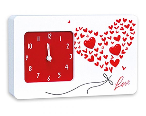 Uhr Wecker 3D Herzdekor Herzform & Schriftzug Holz weiß rot 1 Stk 11,2x17,8x4 cm