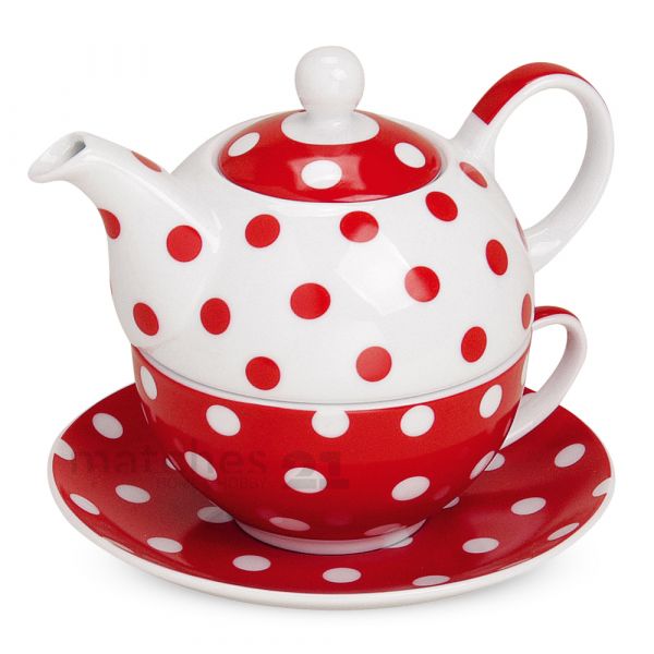 Teekanne mit Tasse Teebecher und Untersetzer Teller Set rot gepunktet *B-WARE*