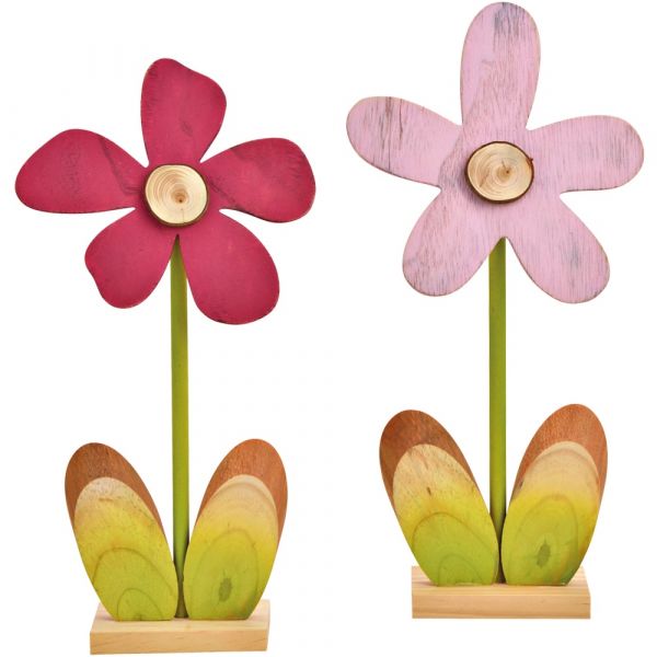 Aufsteller Blumen Holz Holzblumen Dekofiguren Frühling 2er Set rosa & pink 36 cm