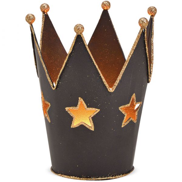 Krone Windlicht mit ausgestanzten Sternen Metall schwarz gold 1 Stk Ø 9x11 cm